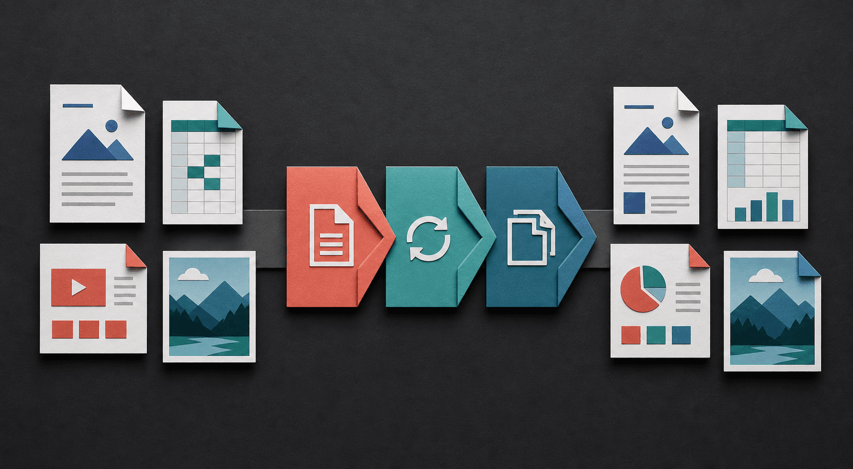 Documents, a spreadsheet, and photographs arranged as source and converted files